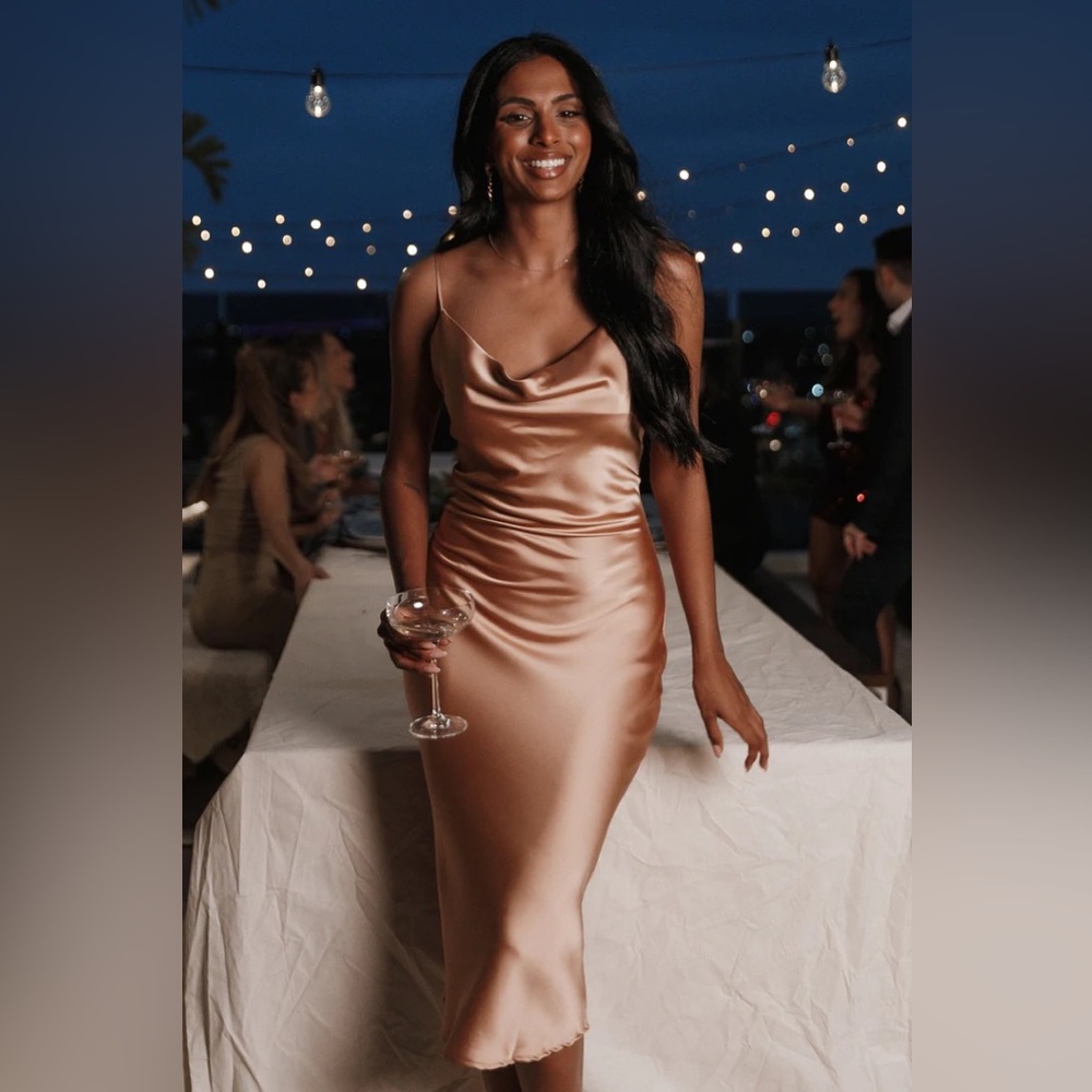 NEW WOMEN PETAL & PUP Persia Dress Gold Champagne Bronze Metallic Slip Dress